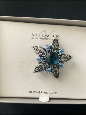 Villager Liz Claiborne Blue Rhinestone Floral Brooch Pin